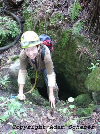 Marsha climbing out the entrance of The Catacombs